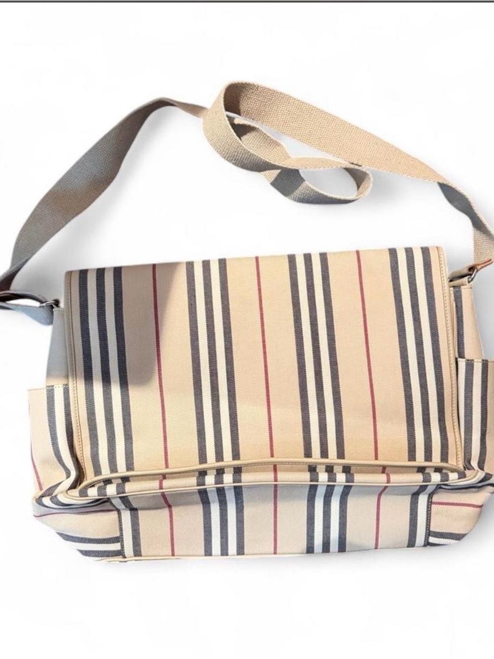 Burberry Beige Striped Baby Messenger Bag with Navy & Red Accents